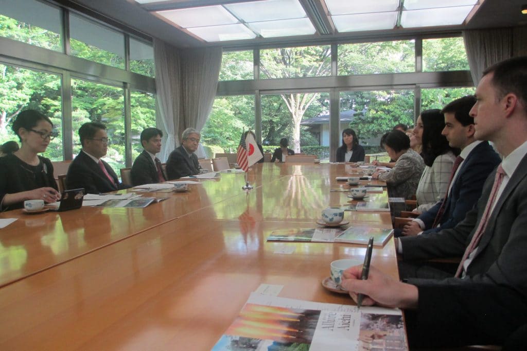 Staff meet with the Governor of Aichi Prefecture, Hideaki Ohmura, and other prefectural officials