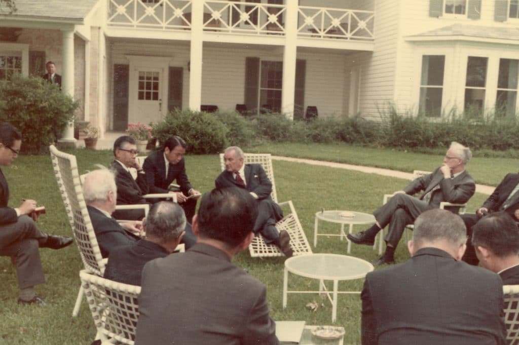 JCIE organized a 1970 Keizai Doyukai delegation led by Masaru Ibuka of Sony to NASA. During the trip, they visited with Lyndon B. Johnson