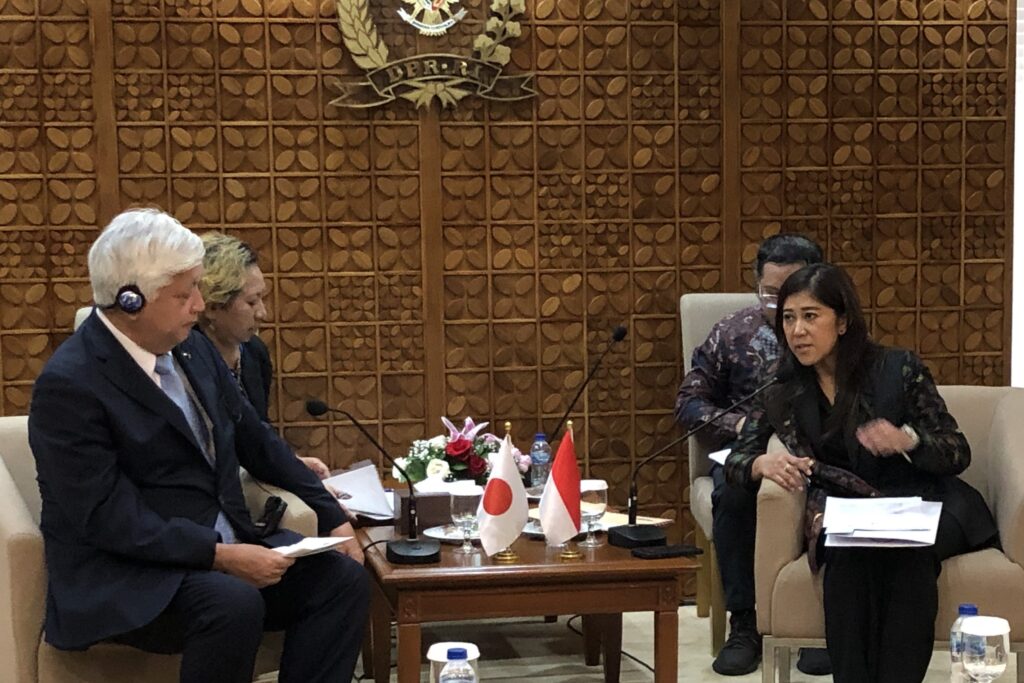 Gen Nakatani in discussion with Meutya Hafid a member of the Golkar party and Chairwoman of Commission 1