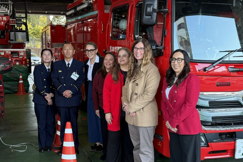 Posing with a fire truck at the Kumamoto City Disaster Prevention Center